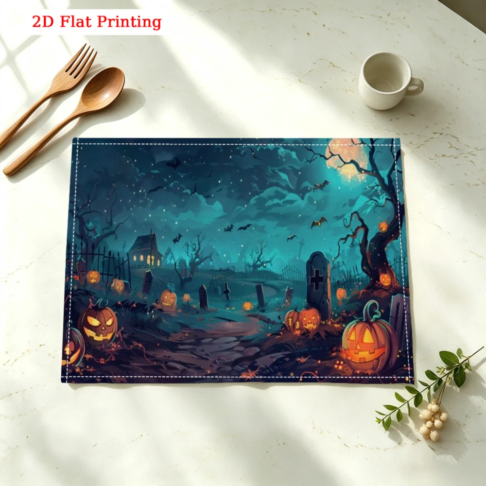 1pc Halloween Placemat Blue Pumpkin Ghost Print Table Mat Kitchen Dining Decor Protection 30x40cm