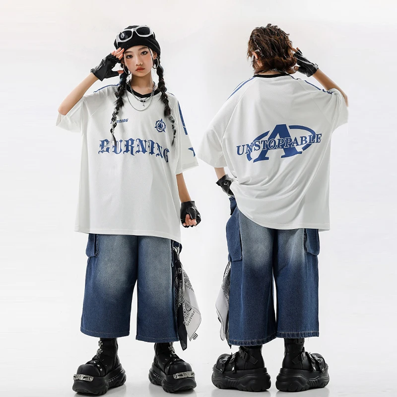 소녀 힙합 재즈 복장 멋진 소년 스트리트 댄스 의상 어린이 streetwear 십대 의상 느슨한 7 피트 데님 반바지 세트 xh2970
