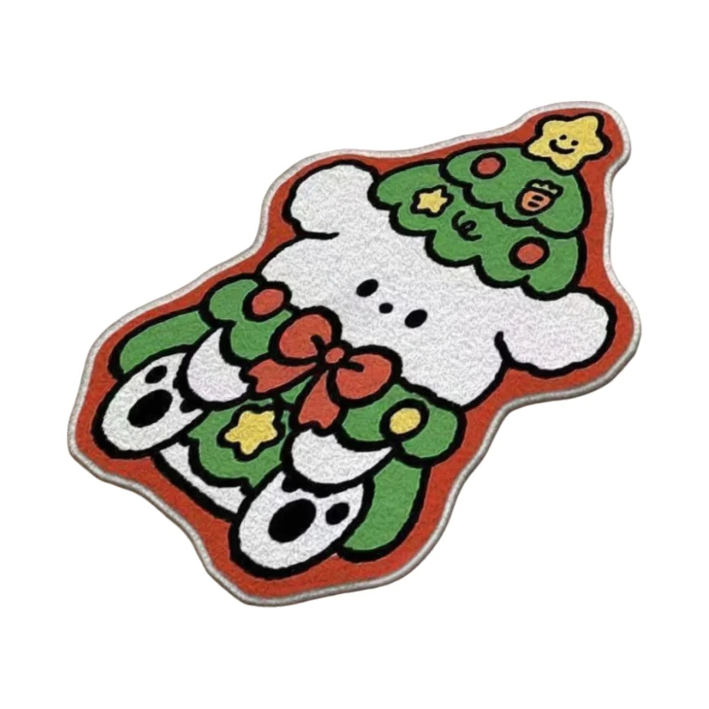 New Cartoon Christmas Carpet Xmas Tree Shape Non-Slip Backing Bedroom Rug Imitation Cashmere Soft Floor Mat Household Use