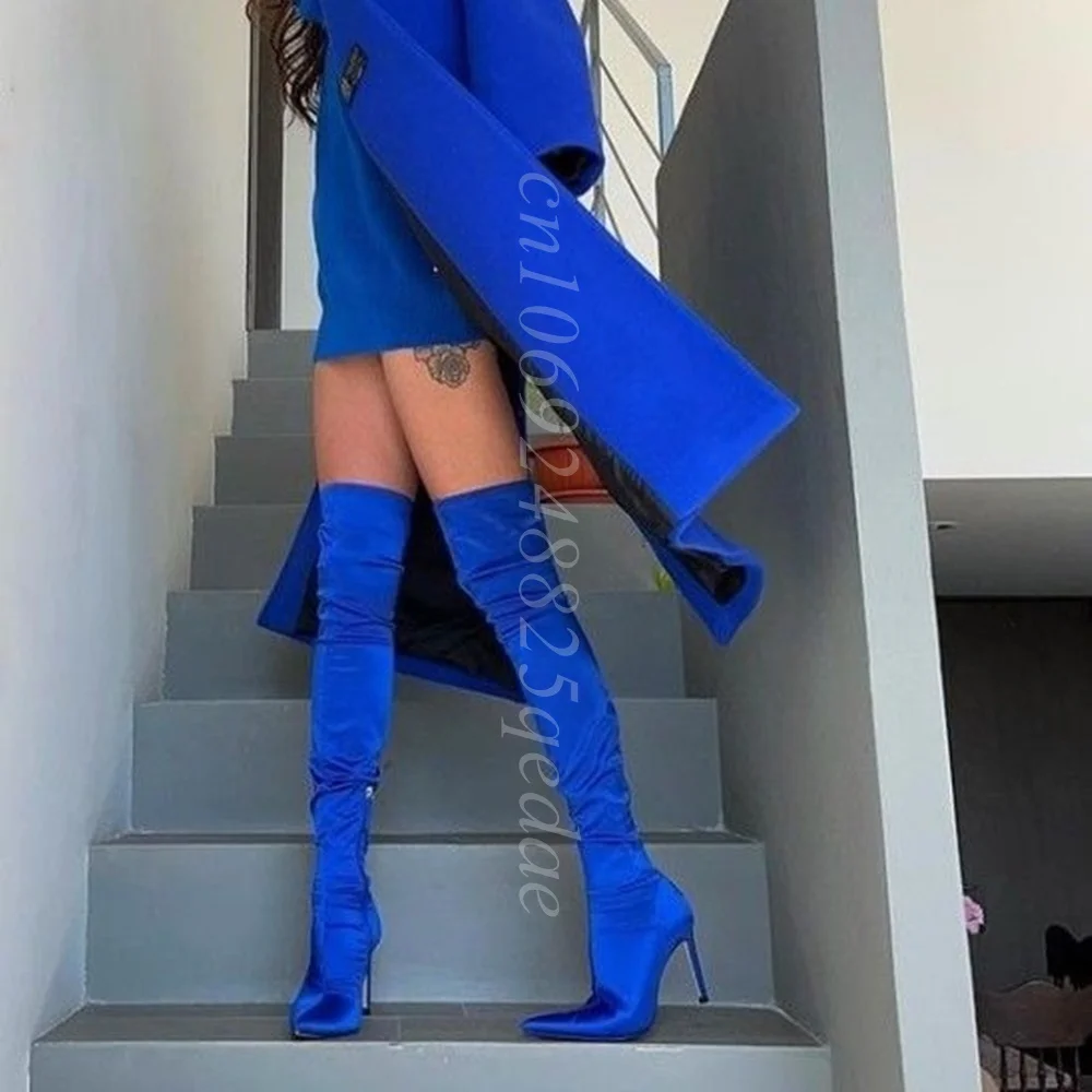 

Blue Satin Thigh High Boots Skintight Solid Color Pleated Shoes Women's Fashion Thin High Heels Shoe 2025 Zapatos Para Mujere