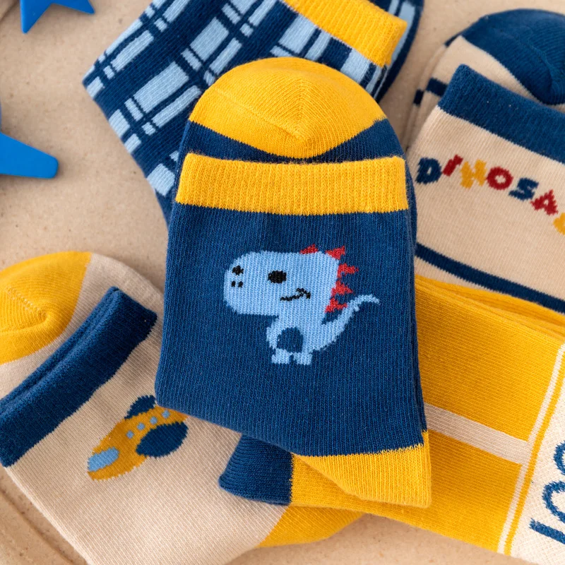 5 Pairs Boys Kids Socks Dinosaur Airplane Print Plaid Striped Soft Cotton Mid‑Calf Breathable Children Socks