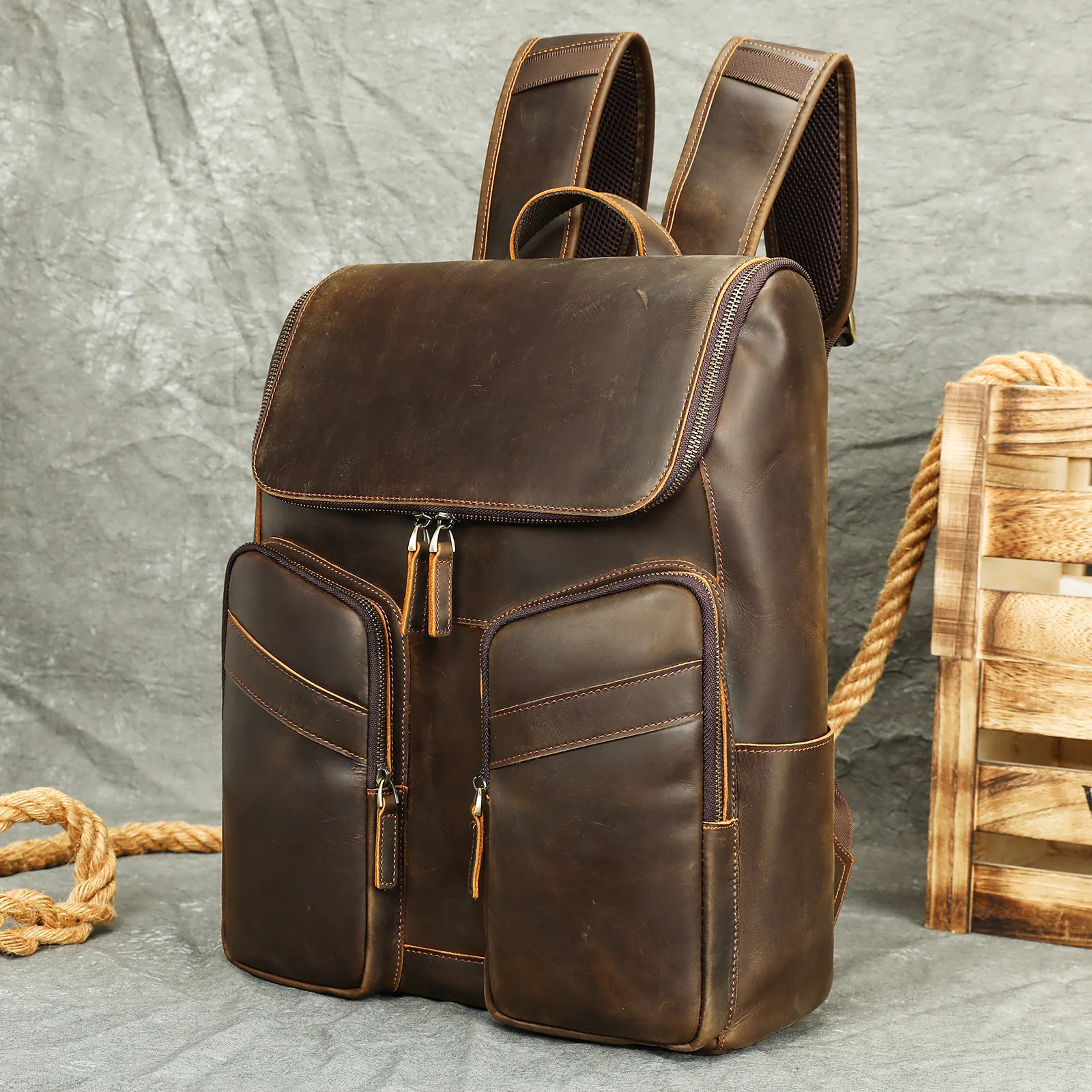 Crazy Horse Leather Backpack Genuine Leather Men's 16 Inch Laptop Backpack Large Capacity Premium Casual Backpack