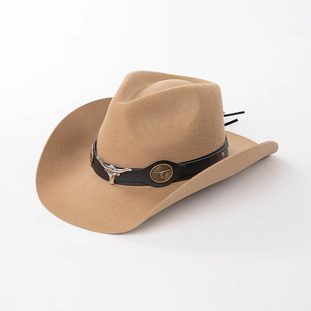 

100% wool jazz top hat with bull head decoration wool curled brim wide brim fedora unisex western cowboy hat