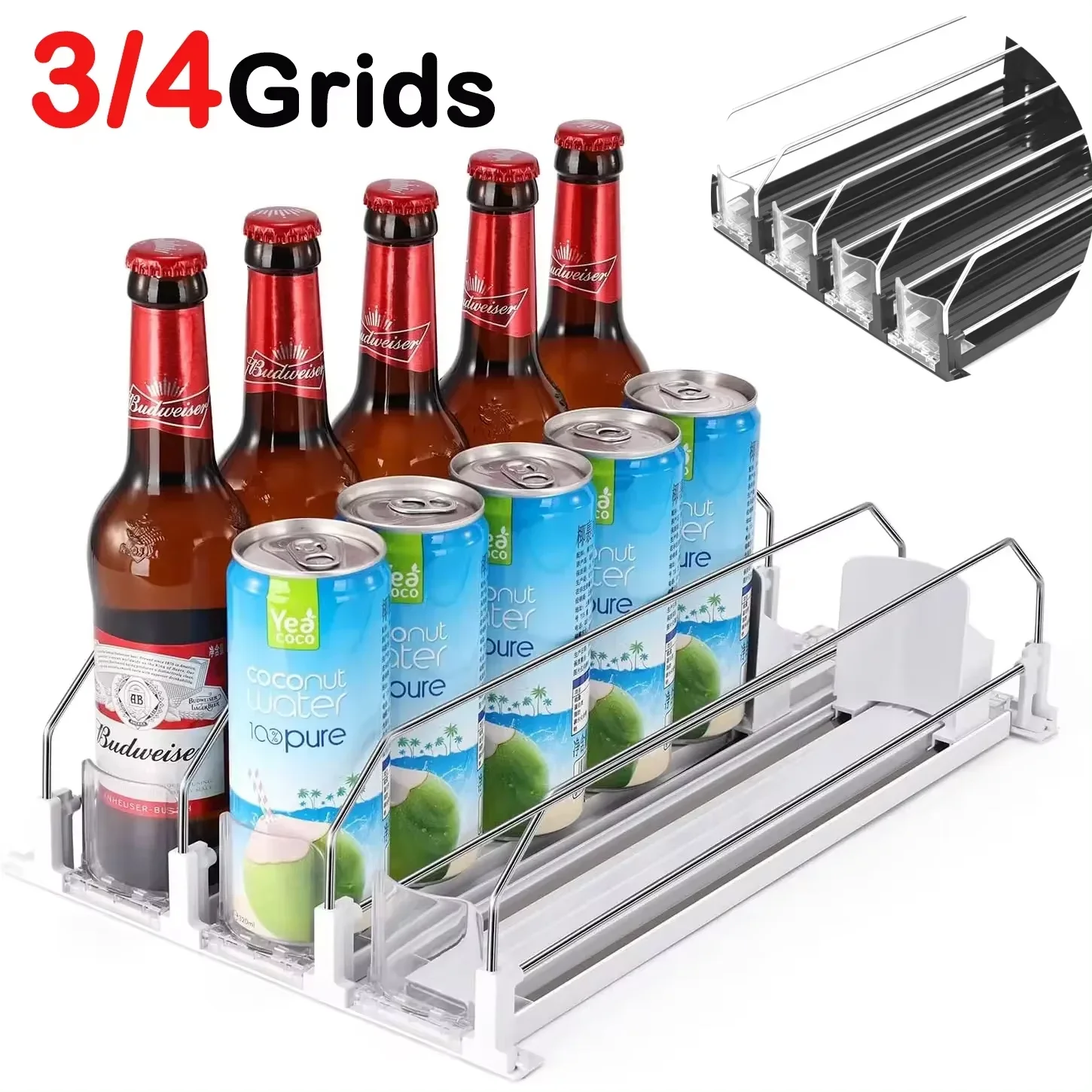 

Drink Organizer Dispenser Spring Push Canned Beverage Push Rack Adjustable Width Shelf E-shaped Glide for Refrigerator Cup lid