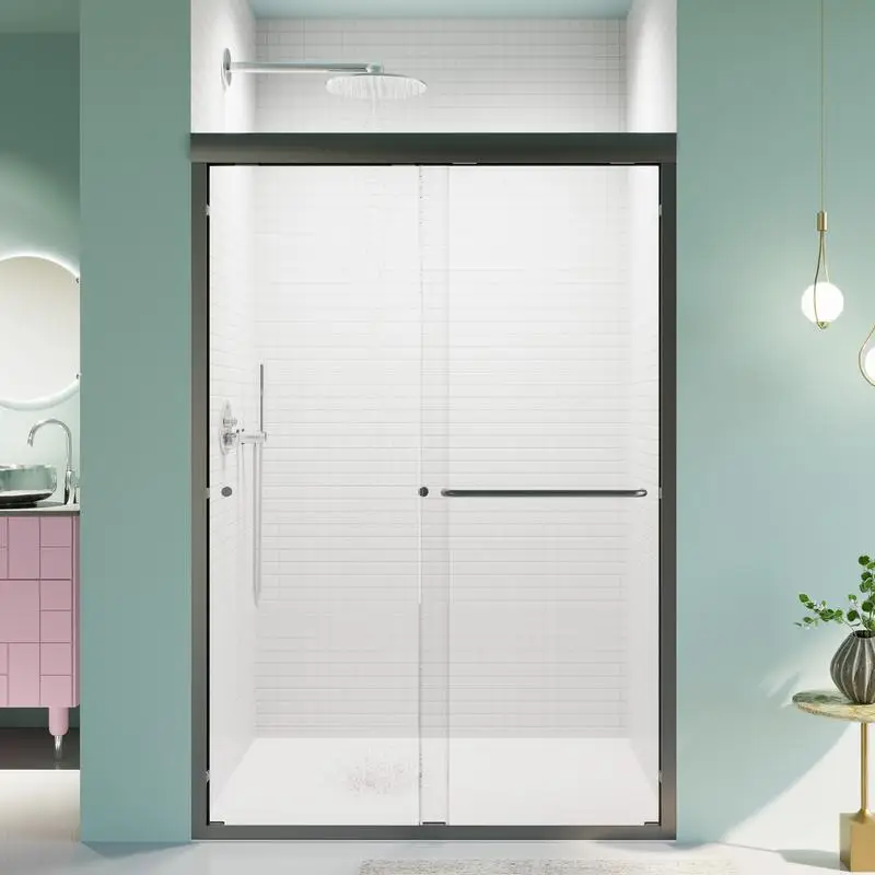 

44"-48"W x 72"H Semi-Frameless Double Sliding Shower Door, Bypass Design, 1/4" (6mm) Thick Tempered Glass, Matte Black Finish