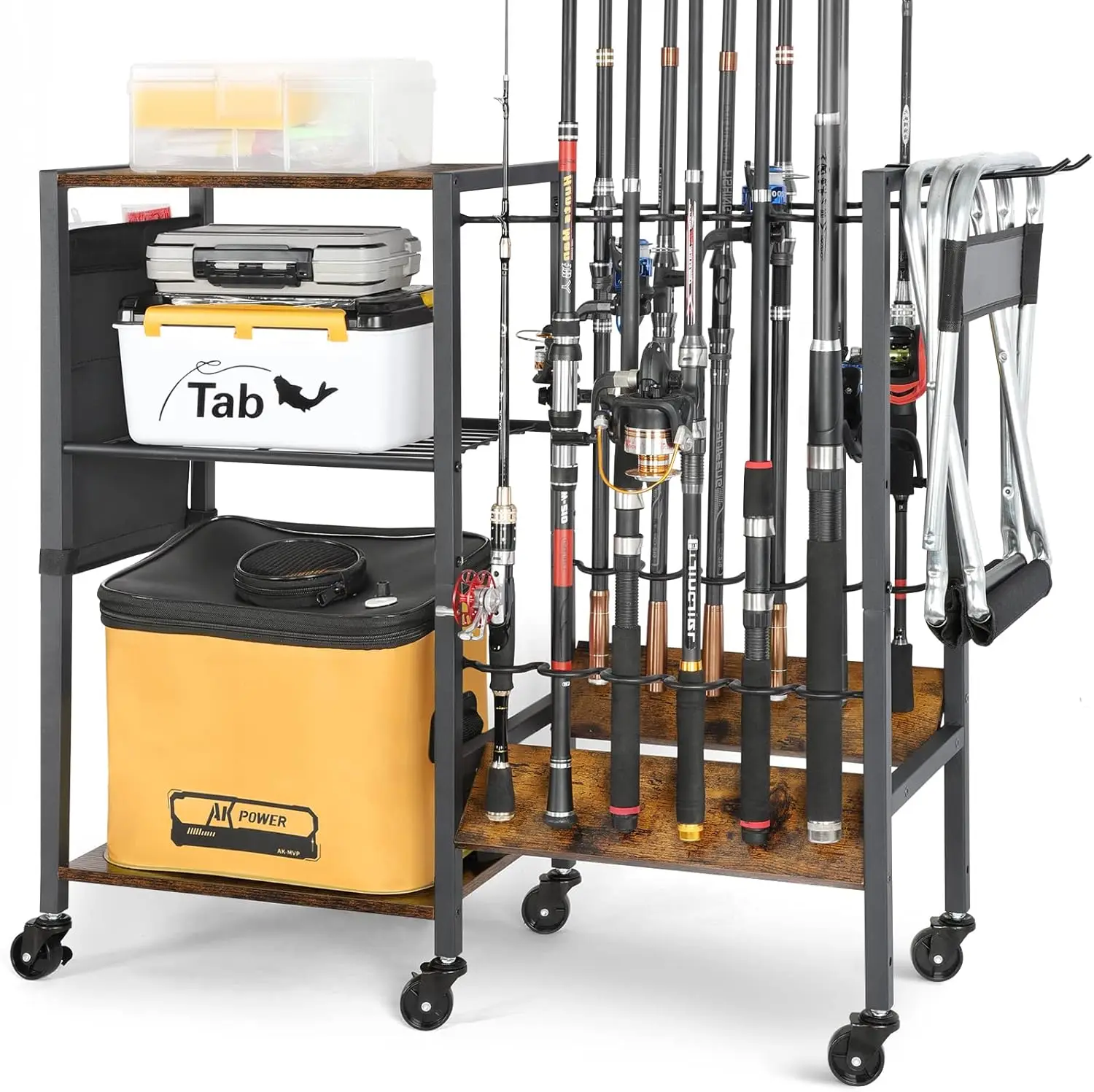 

Fishing Rod Holder Rolling Cart with Tackle Storage Organizer for Garage, Boat, Home Entryway - Ideal Gift for Anglers