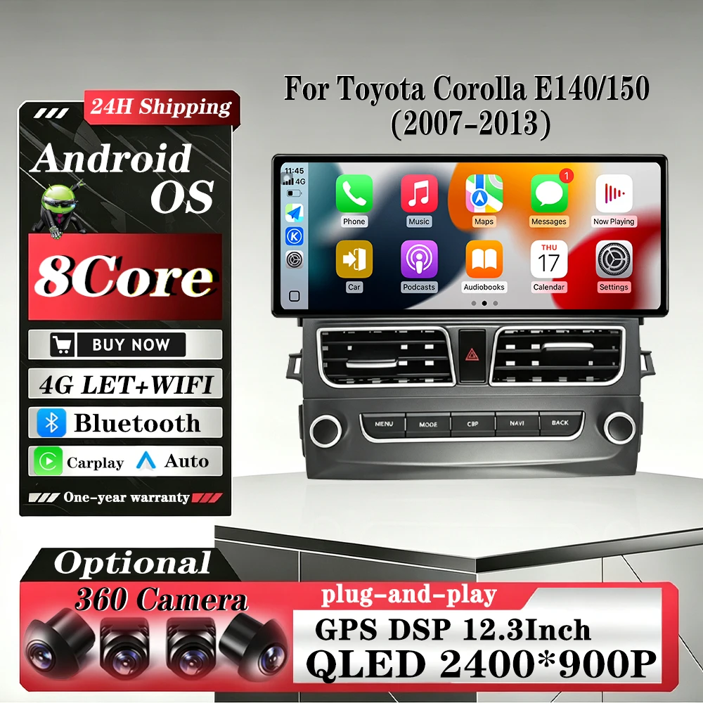 For Toyota Corolla E140/150 2007-2013 Car Intelligent Android 16 System GPS Navigation WiFi Bluetooth QLED Touch Screen 4G DSP