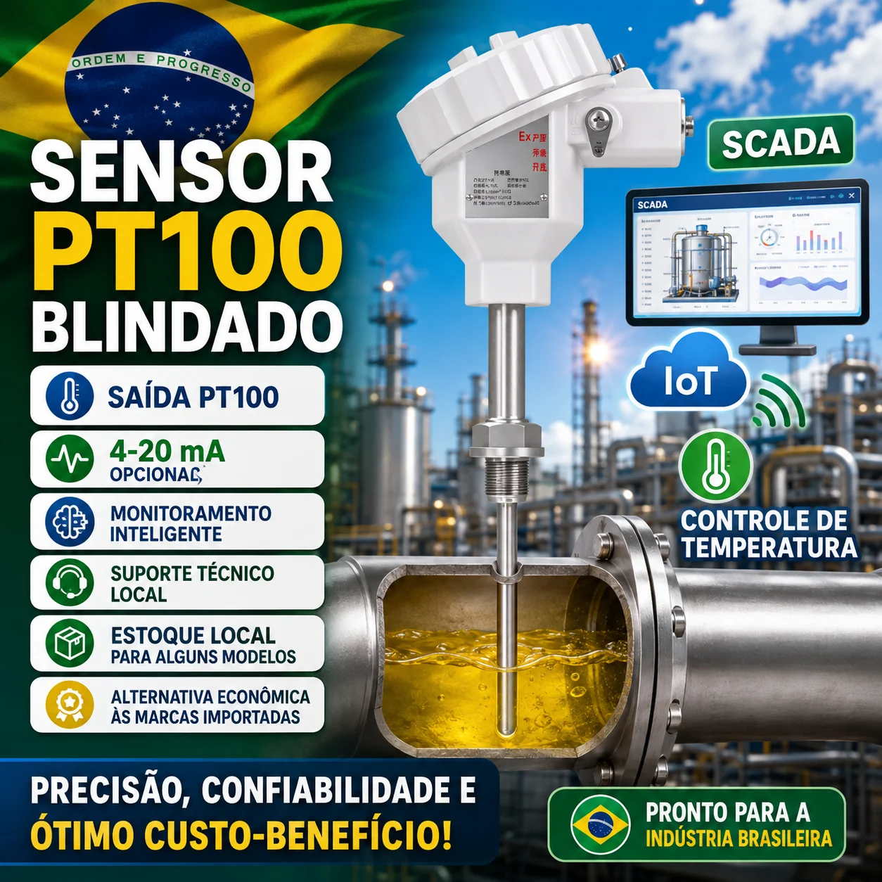 PT100 RTD Temperature Sensor and Transmitter, 4–20 mA, PT1000, ATEX Certified, Customizable Probe for Tanks and Pipelines in the Oil and Chemical Industries