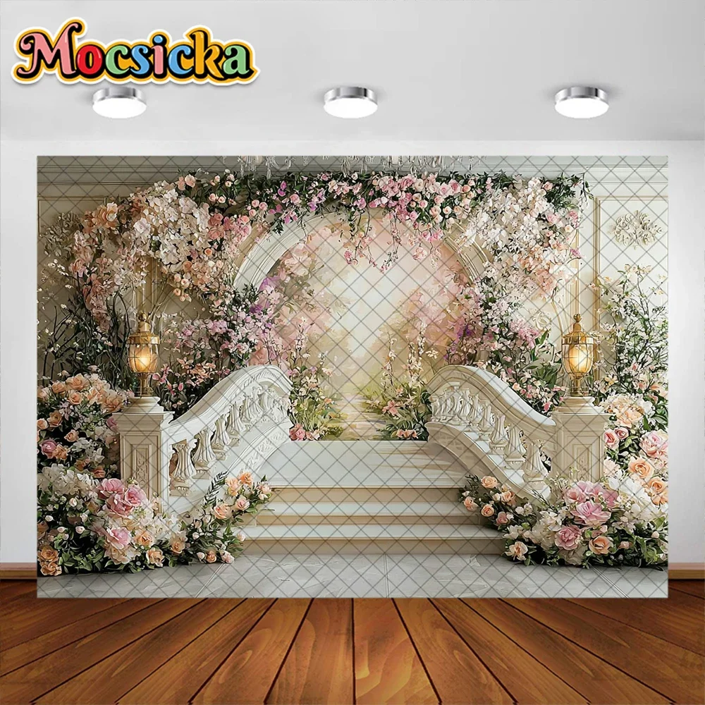 Mocsicka ฉากหลังถ่ายภาพคู่ดอกไม้สีชมพูตกแต่งสะพานดอกไม้สำหรับผู้ใหญ่เด็กภาพบุคคลฉากหลังสตูดิโอ