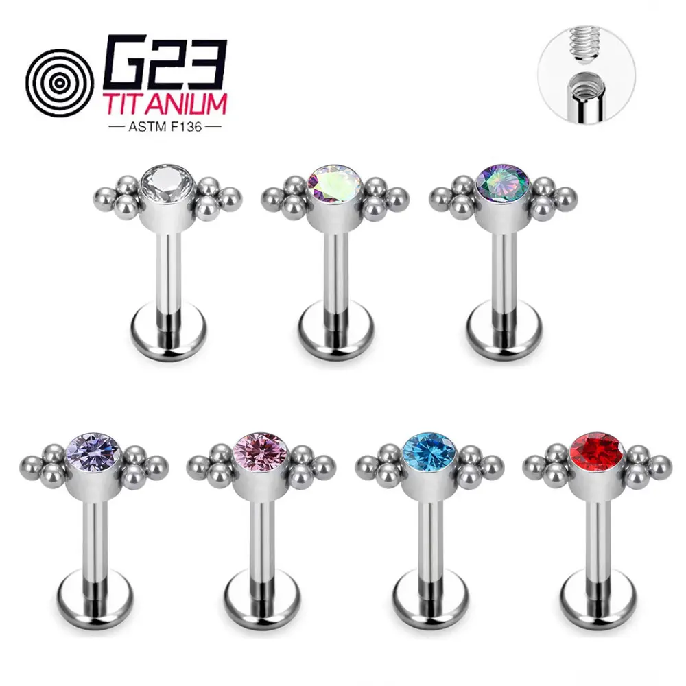 Wholesale G23 ASTM F136 Titanium 16G Internal Threaded Sparking Opal  Stone Labret Fashion Ear Nose Piercing Jewerly