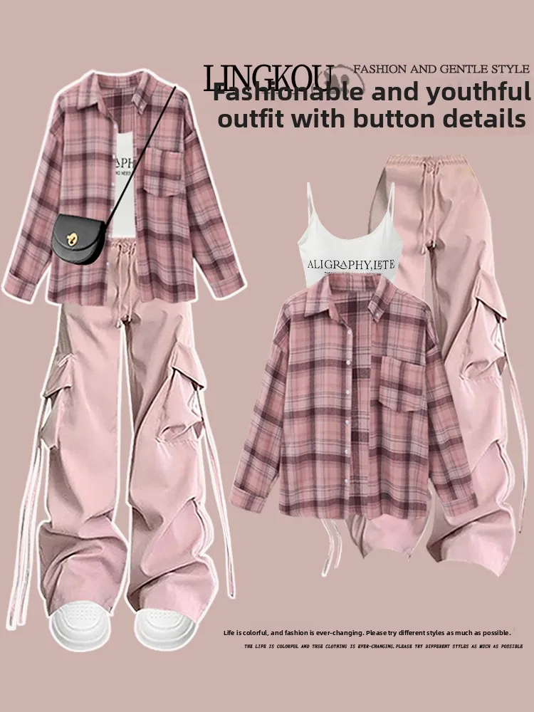 Large Size Pear Shaped Body Suit Women's Spring Summer Floral Print Vest Retro Plaid Shirt Casual Pants Fashionable Workwear Set