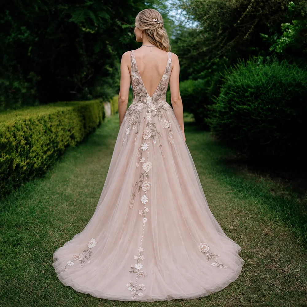 Customized Colorful V-Neck Spaghetti Straps Sleeveless Open Back A-Line Wedding Dresses Embroidered Flowers Tulle Bridal Gowns