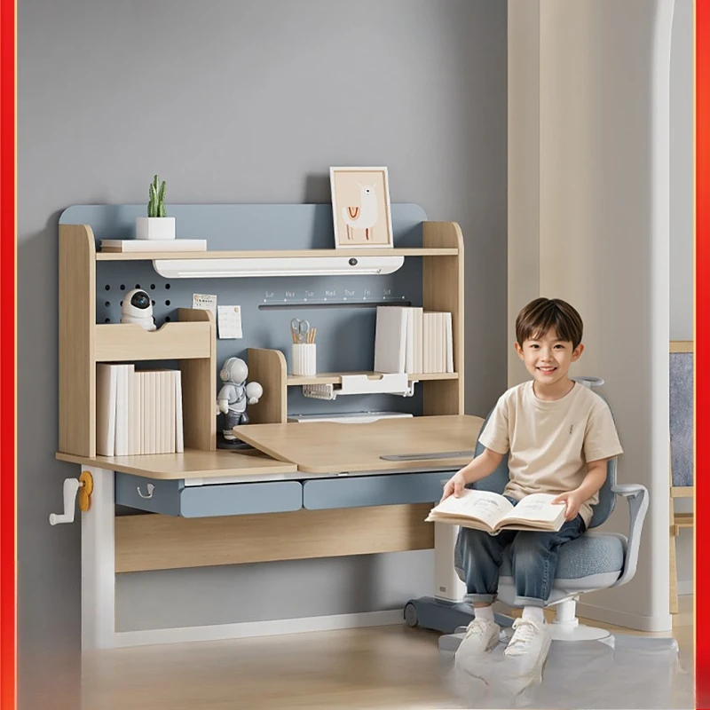 

Детский учебный письменный стол. Бытовые подъемные столы и стулья. Маленькая квартира, студенческий стол из цельного дерева.