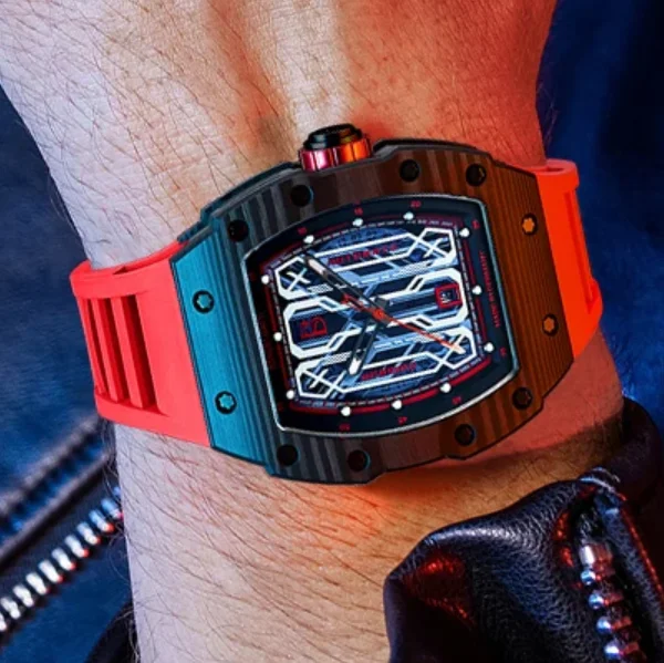 

BONEST GATTI Men Automatic Watch Tonneau Mechanical Wristwatch Luminous Carbon Fiber Bezel Sapphire Mirror Fluororubber Strap