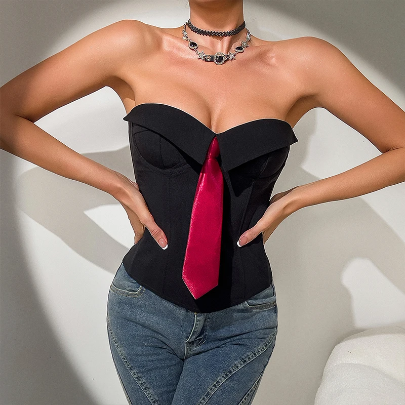 OMSJ Necktie Style Fashion Brand New Strapless Tank Top For Women Contrasting Sleeveless Backless Hook Button 2000s Vintage Vest