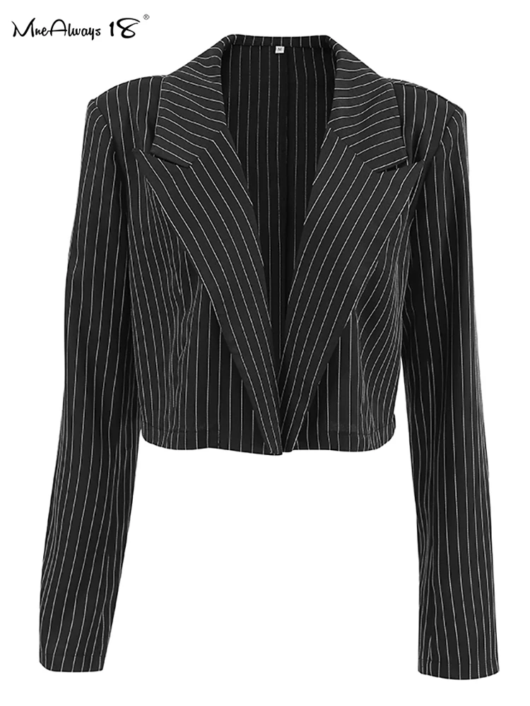 Mnealways18 Fashion Stripe Shoulder Pad Jackets Women Cropped Long Sleeves Blazers Tops High Street Female Streak Black Outwear