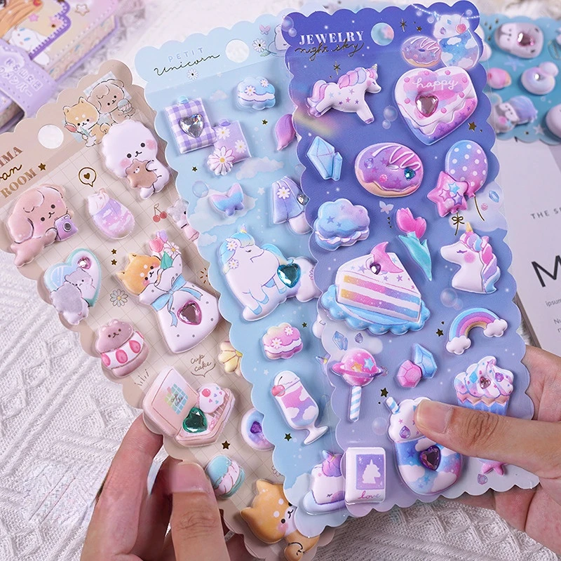 Kawaii Cartoon Animals Crystal Decorative 3D Puffy Stickers Cute Stationery Diy Scrapbooking Sticker Adhesive Decor Art Supply