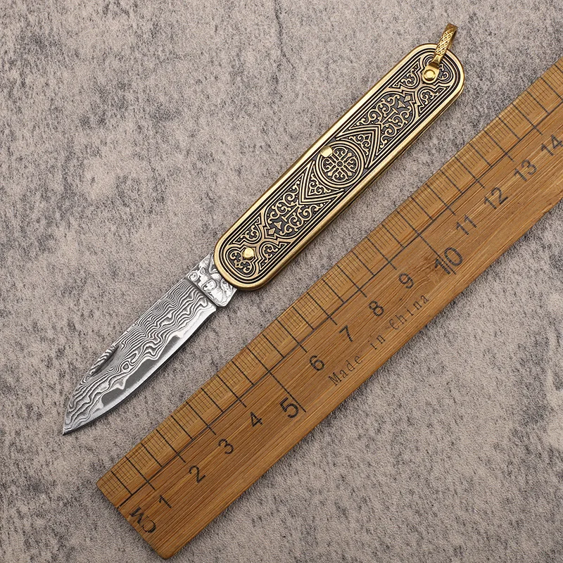 

Damascus Steel + Grave Brass Handle Unlocking Folding Blade Knife Outdoor Camping Knife Portable Pocket Hand Tools For Survival