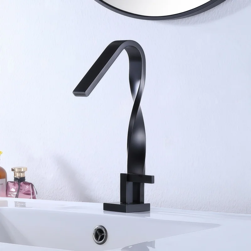 Black Basin Faucet All-Copper Creative Twist Flat Pipe New Brushed Single-Hole Hot and Cold Faucet