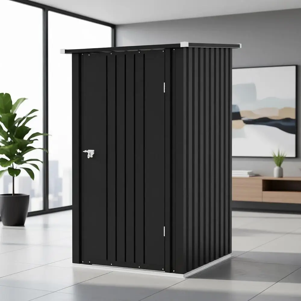 Compact 3x3 Outdoor Storage Shed with Sloping Roof and Secure Door for Garden Tools and Patio Accessories in Black