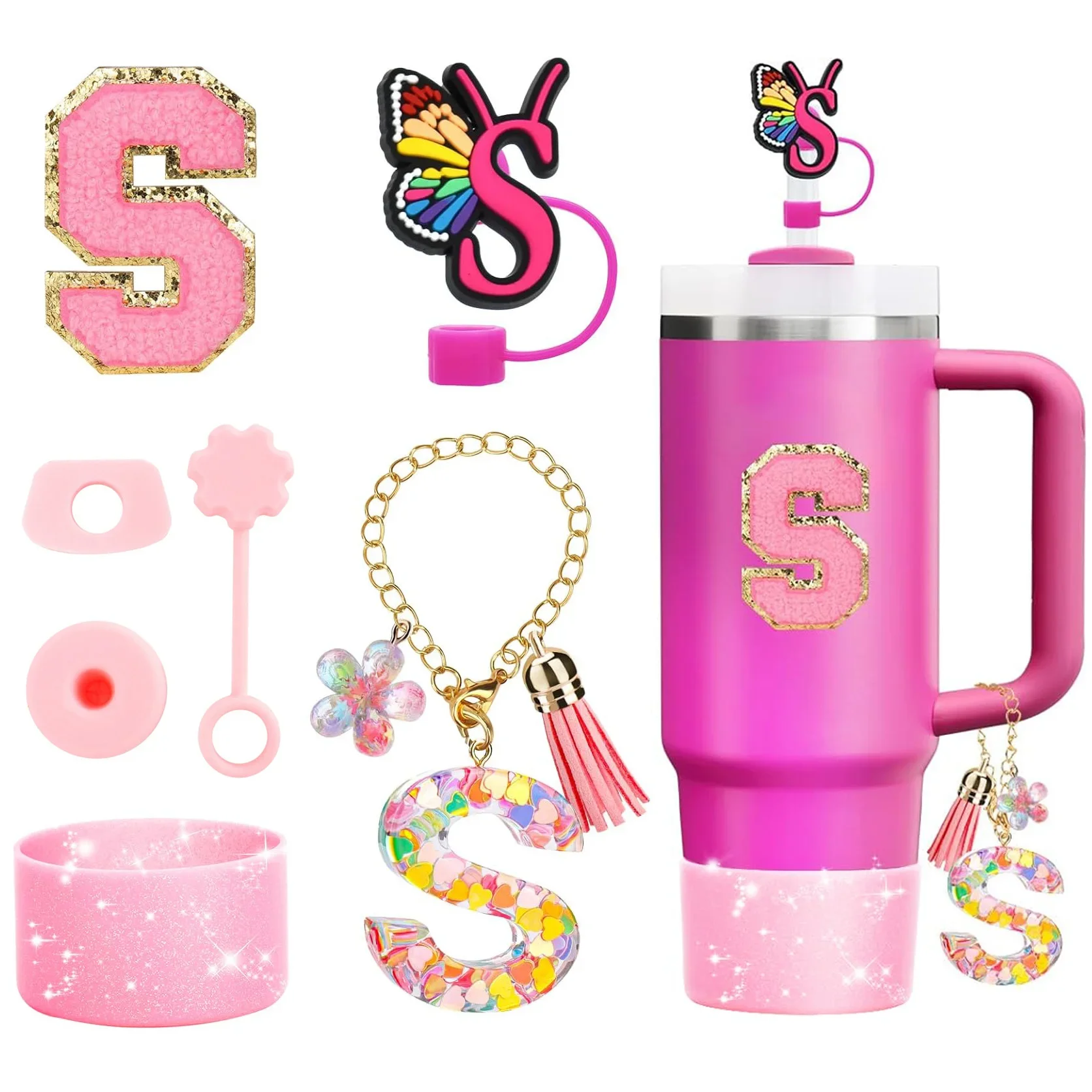 Juego de accesorios de taza para Stanley, 7 Uds., 30oz, 40oz, iniciales de vaso, tapa de cubierta de paja de silicona, pegatina con dije de mango de letra de bota