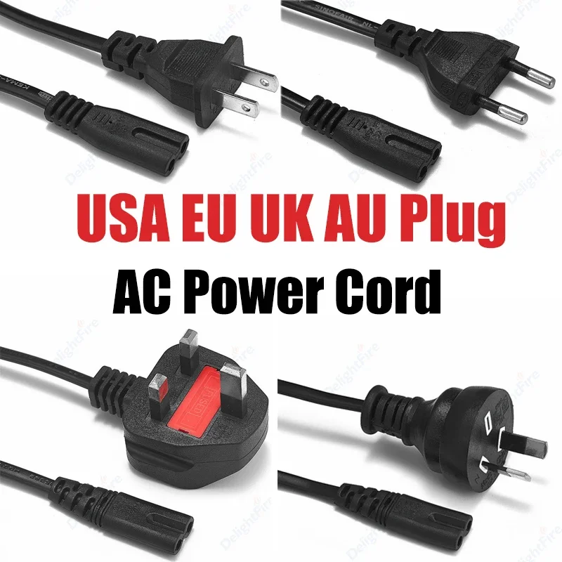 AU EU US UK Plug AC Power Supply Cable 2 Prong Figure 8 IEC 320 C7 Power Cord for Laptop Notebook Playstation PS3 PS4 XBOX One S