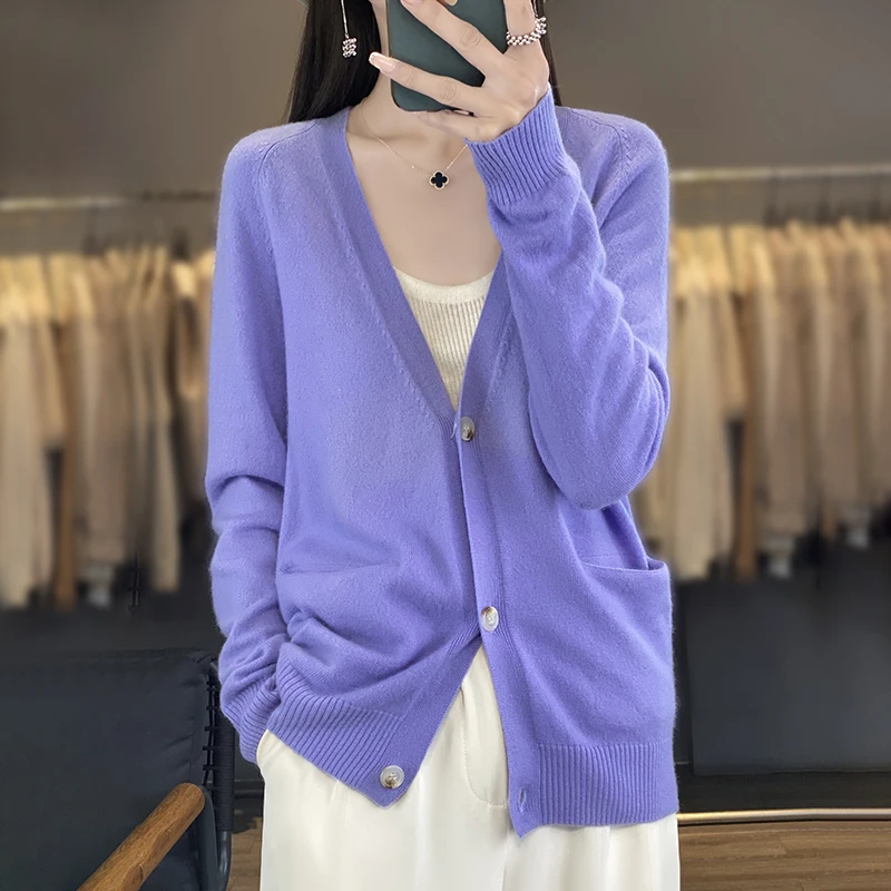 Spring and Autumn New V-neck Korean Sweater Loose Knitted Cardigan Thin Slim Top Joker Casual Coat Woman