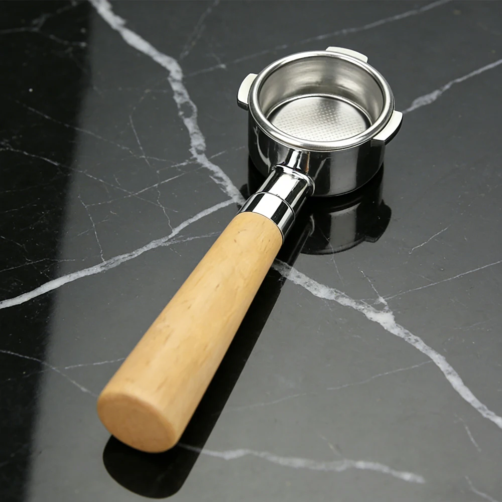 Custom Luxury Stainless Steel Bottomless Espresso Portafilter Beech Wood Handle Eco Friendly Cafe Coffee Tool