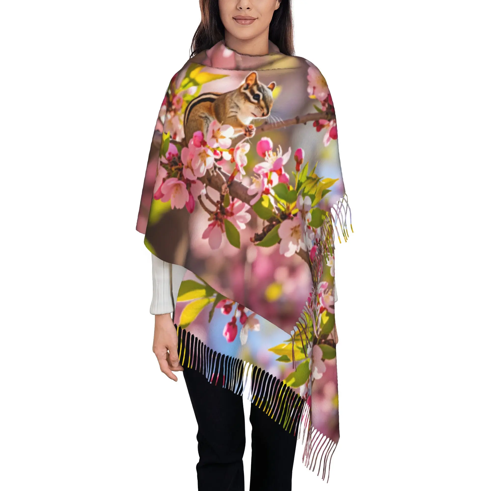 Custom Print Spring Cherry Blossom Chipmunk Print Scarf Women Men Winter Fall Warm Scarves Shawls Wraps