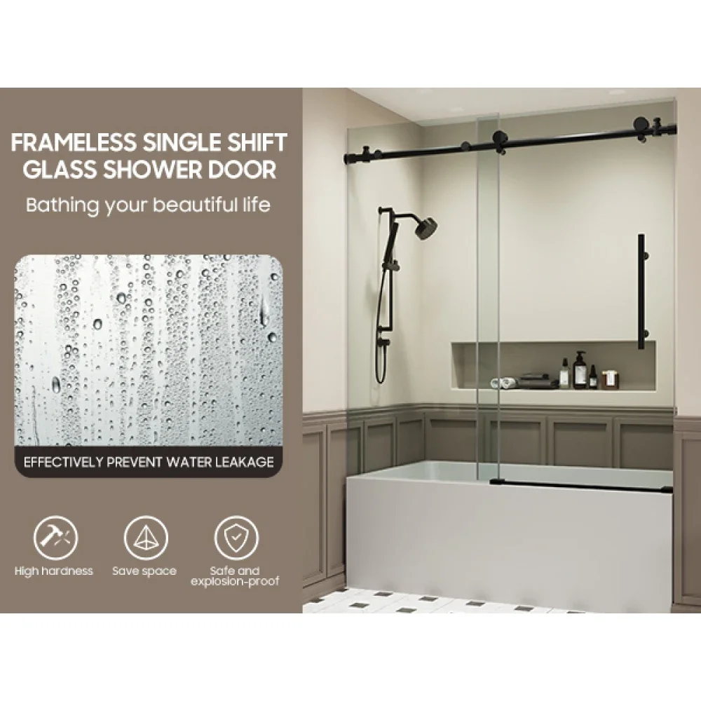Porta de banho deslizante sem moldura de 56-60" x 60" H, porta de chuveiro de banho, vidro temperado transparente de 5/16" (8 mm), acabamento preto fosco