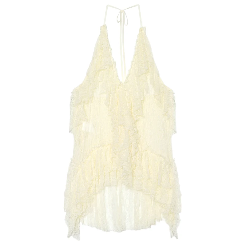HXAO Layered Ruffle Halter Top Women Sleeveless Crop Lace Top Asymmetric Corset Semi Sheer Party Tops Ties Backless Beach Top