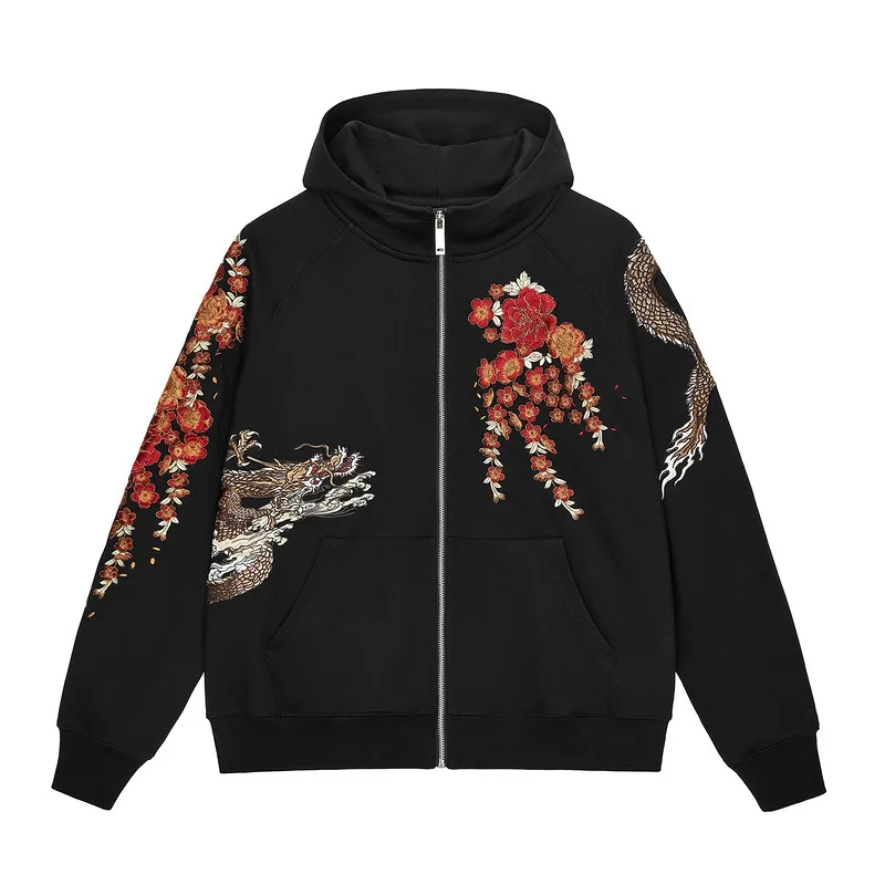 2023 Hoodie Sweatshirt Men Streetwear Retro Dragon Embroidery Hooded Cotton Harajuku Zipper Hoodie Hip Hop Clothing