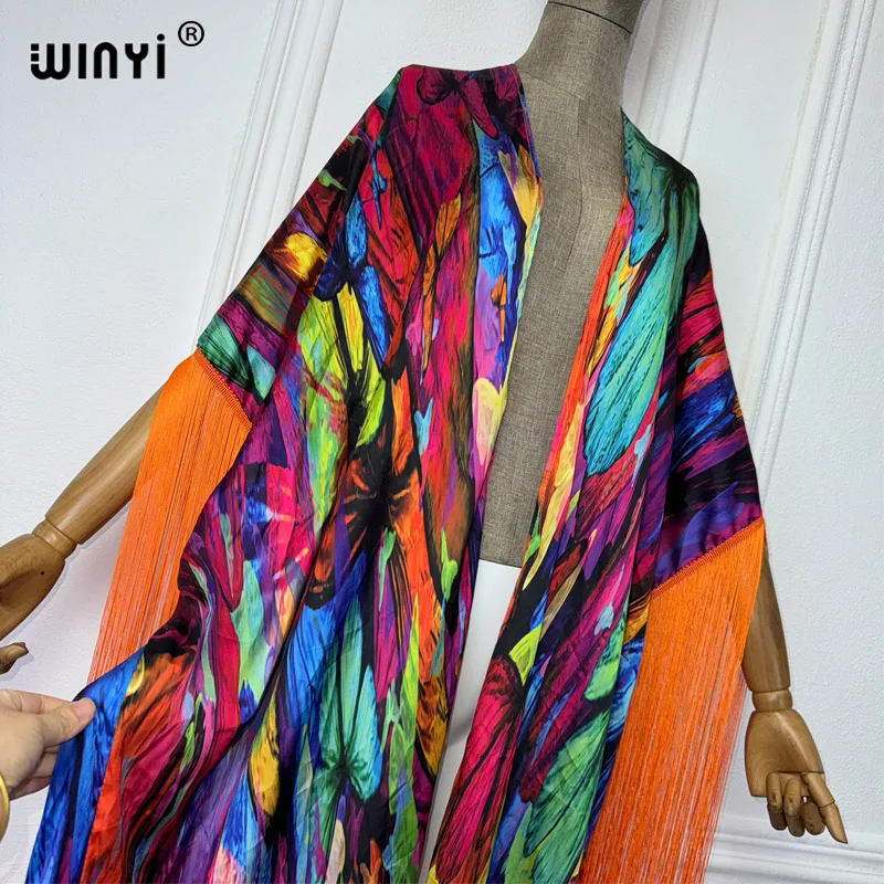 WINYI kimono okrycia plażowe boho drukuj letnie stroje dla kobiet elegancki modny sweter seksowny wakacyjny frędzle długa sukienka puchowa