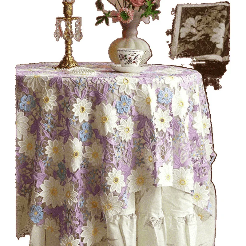 

Purple Flowering French Tablecloth Pastoral Round Table Cloth Cotton Embroidery Dust Cloth