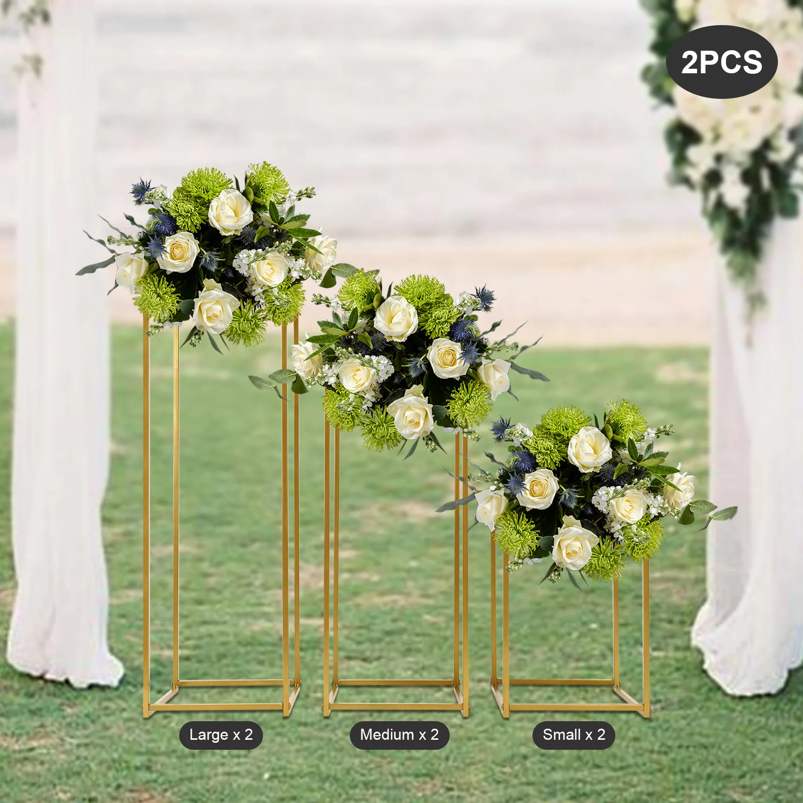 

Gold Square Wedding Flower Stands, Set of 6, Large Tray, Sturdy Metal Frame for Floral Arrangements at Weddings and Events