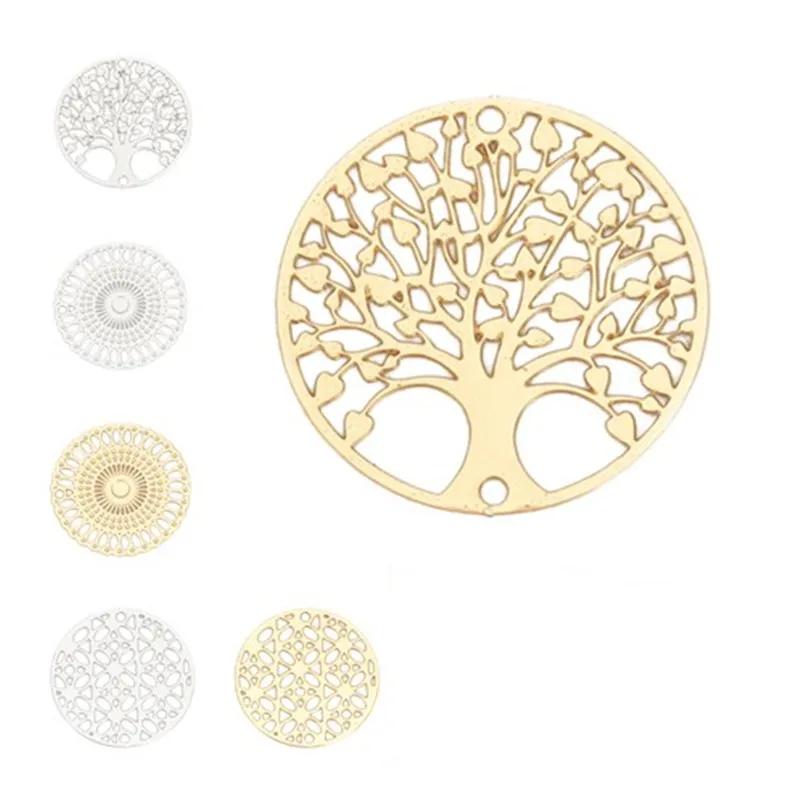 DoreenBeads żelazo/stop miedzi filigran tłoczenia złącza okrągłe złoto kolorowe drzewo/kwiat dokonywanie ocena biżuteria 20mm Dia, 10 sztuk
