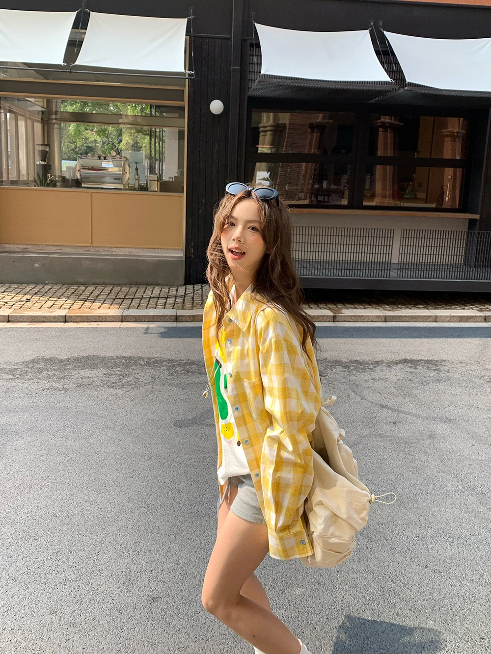 

Yellow Plaid irt Women's College Sle Hong Kong Faion Stripe Patterned Outerwear Casual Cotton Long Sve Button up