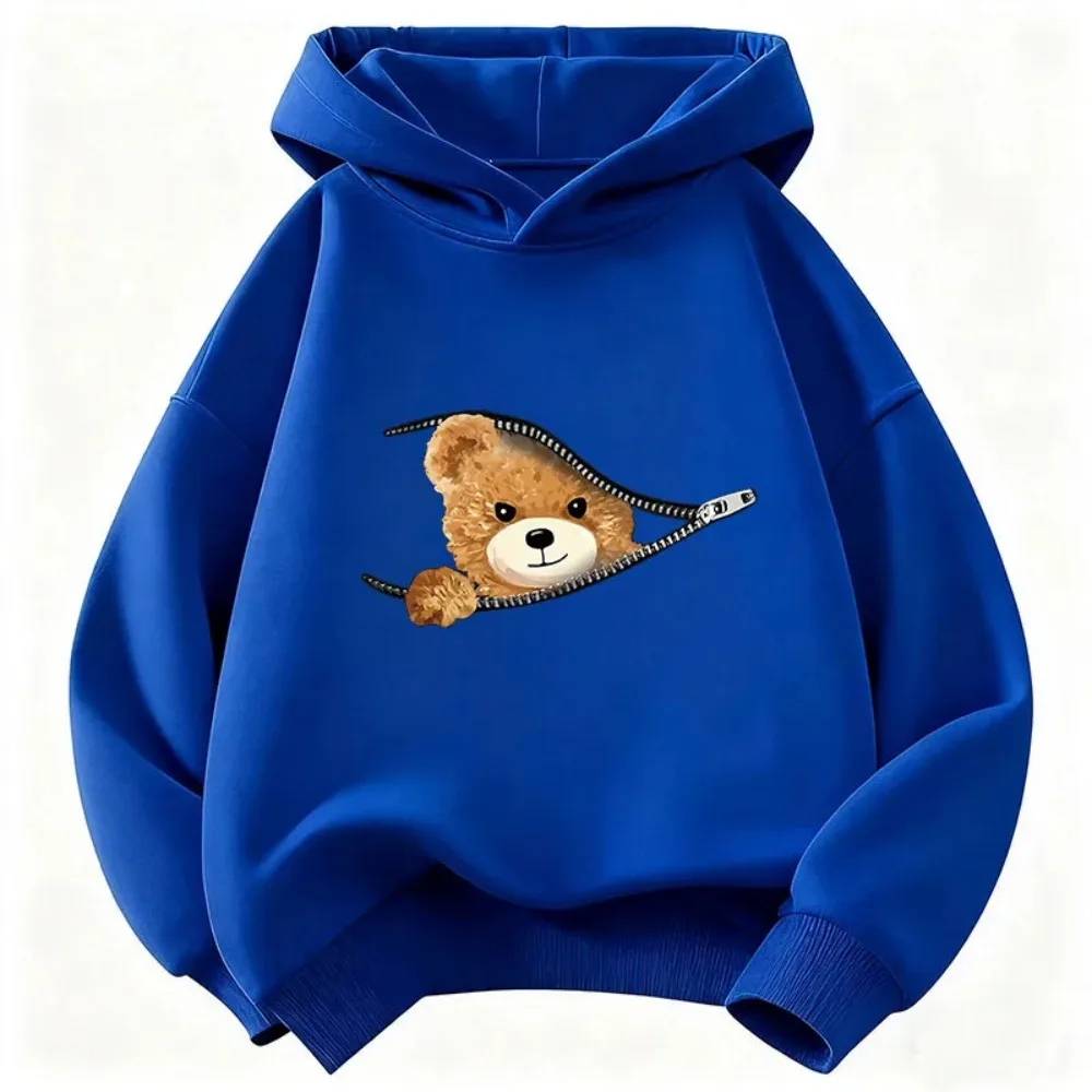 Children's Fun Zipper Bear Cartoon Printed Hooded Sweater Casual and Comfortable Long-sleeved Pullover
