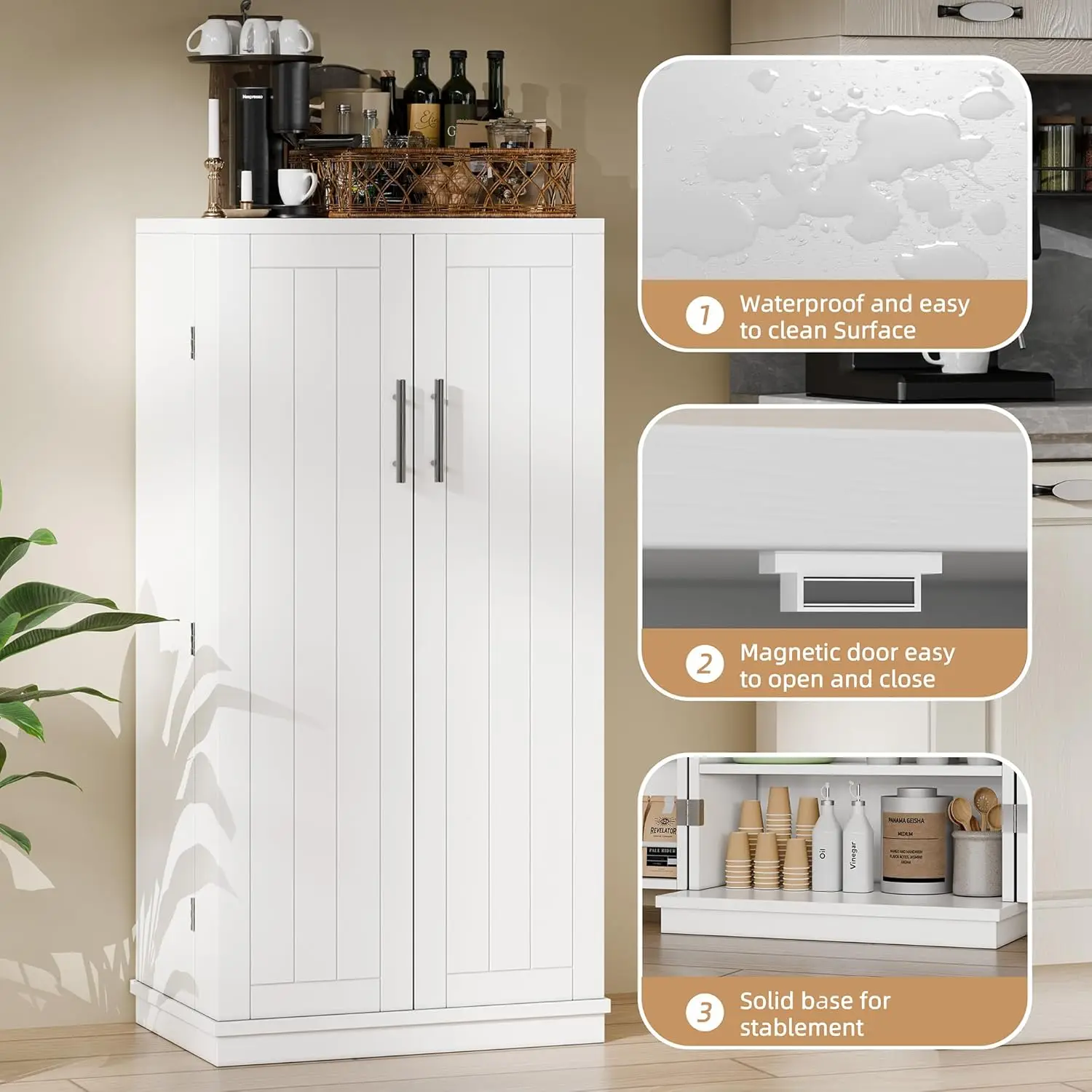 Armoire de garde-manger, armoire de rangement de cuisine avec étagères réglables, supports et portes, huche de cuisine autoportante, planche Chi