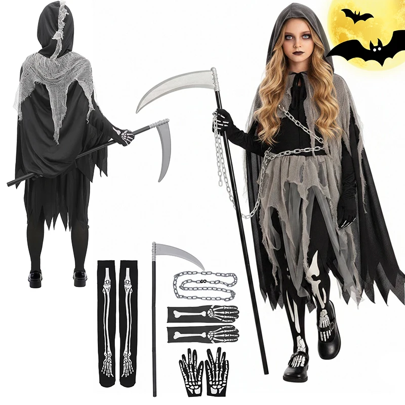 Girls Halloween Death‑Theme Tutu Costume Set Hooded Top Tulle Tutu with Sickle Chain Kids Outfit for Carnival Party Fancy Dress
