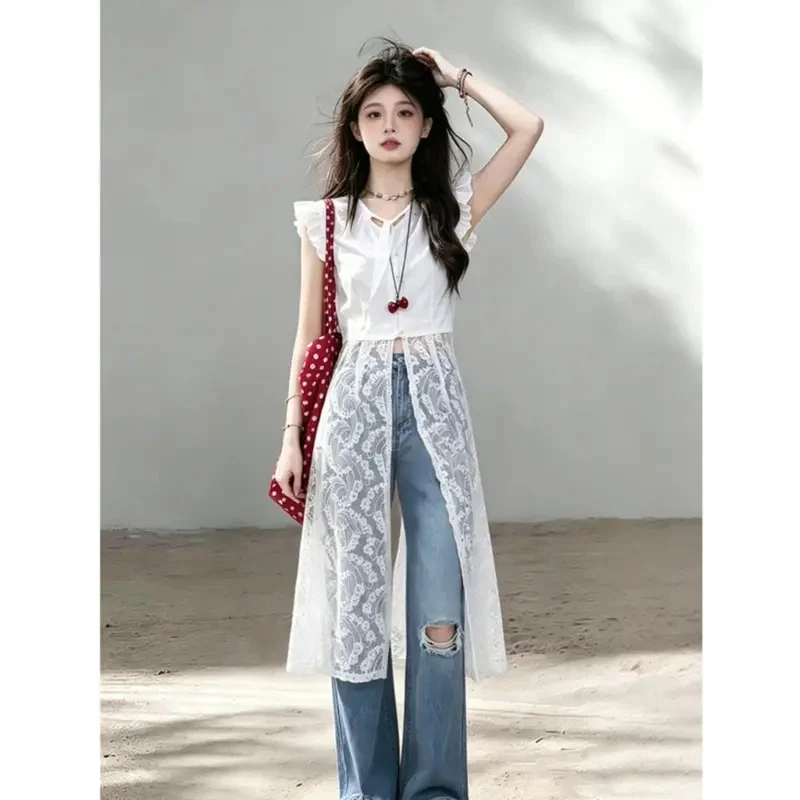 

New Elegant Summer Splic Lace Long Blouse Women Flutter Sleeve V Neck Lace Up Single Breasted Office Lady Shirts Fashion Top