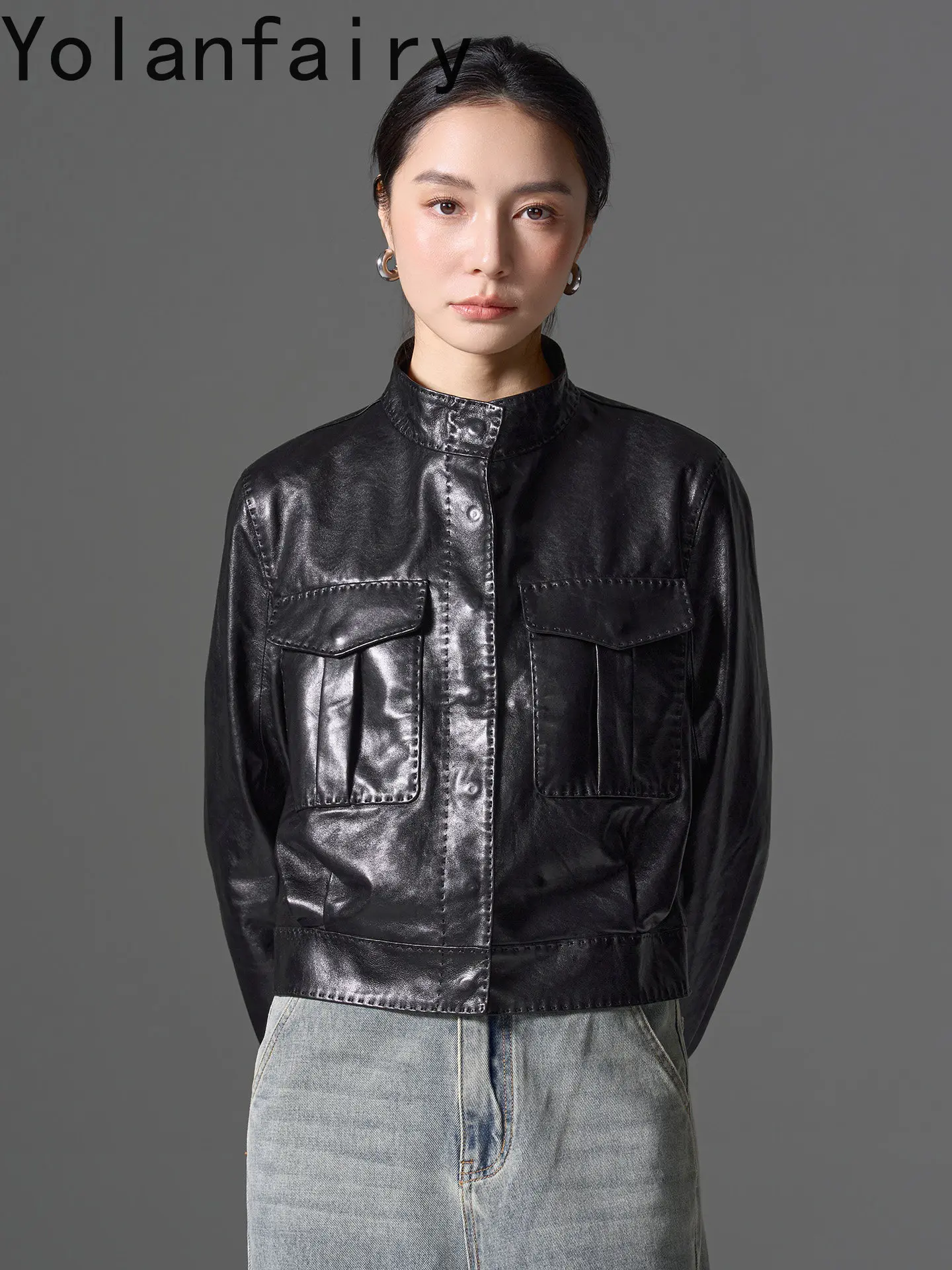 YOLANFAIRY Short 100% Genuine Leather Jacket Women Super Soft Real Sheepskin Woman Leather Coats Elegant Stand Collar jaqueta