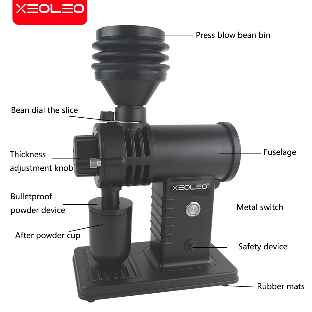 Xeoleo-電気コーヒーグラインダー,コーヒー豆用ミル,ブローホッパー,コーヒーフライス盤,10ステップ,60mm,チタンバリ,200W