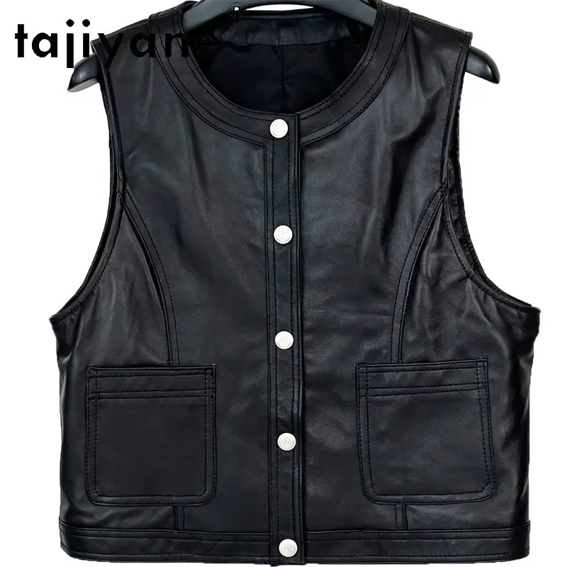 TAJIYANE New Genuine Leather Jacket Women Short Vest Sheepskin Motorcycle Jackets for Woman Slim-fit Coat Round Neck Veste Femme