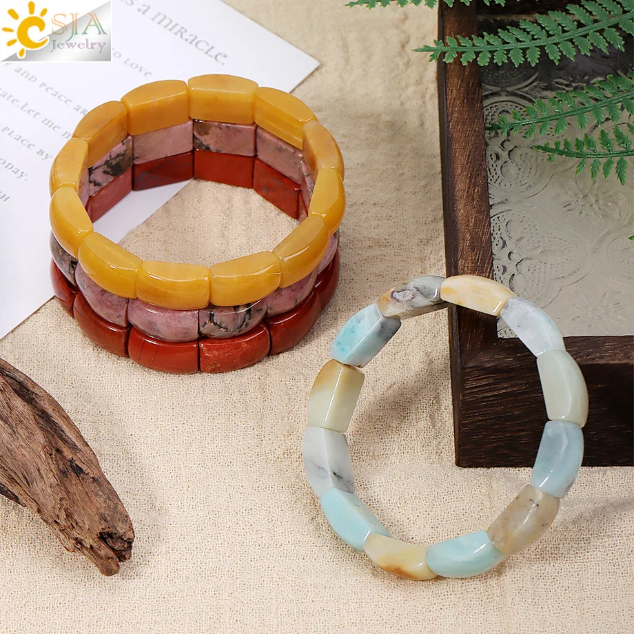CSJA Kristall-Elastik-Armband Vintage Handgefertigter Charm Naturstein Rechteckiges Armband Schmuck Damen Herren Armreif Accessoire H871 – Detail 20