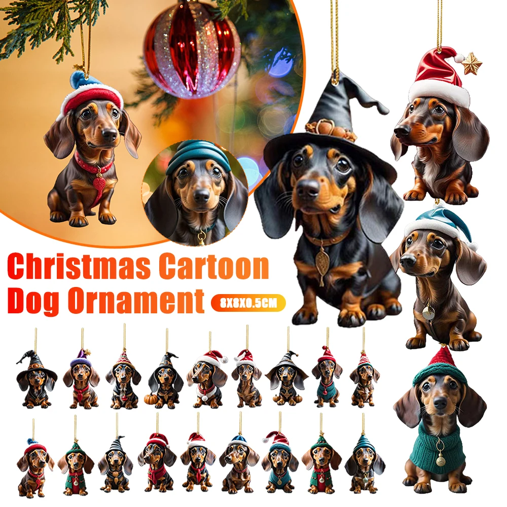 Christmas Cartoon Dog Ornaments Fun Dachshund Dogs Hanging Decoration Acrylic Charm Dog Ornaments Home Car Interior Decor New ﻿