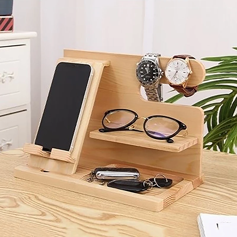 Wooden Bedside Wood Phone Docking Station Holder Wallet Stand Watch Storage Rack Valentines Multifunctional