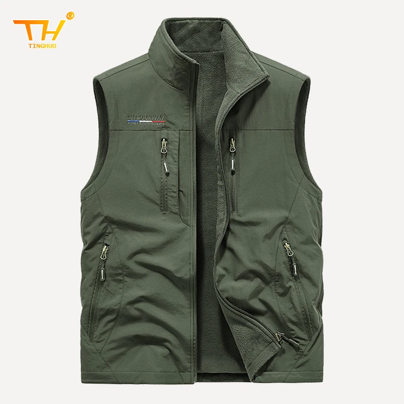 TINGHUO Double-sided winter vest men Jacket fleece vest sleeveless Mens vest outdoor multi-pocket waistcoat