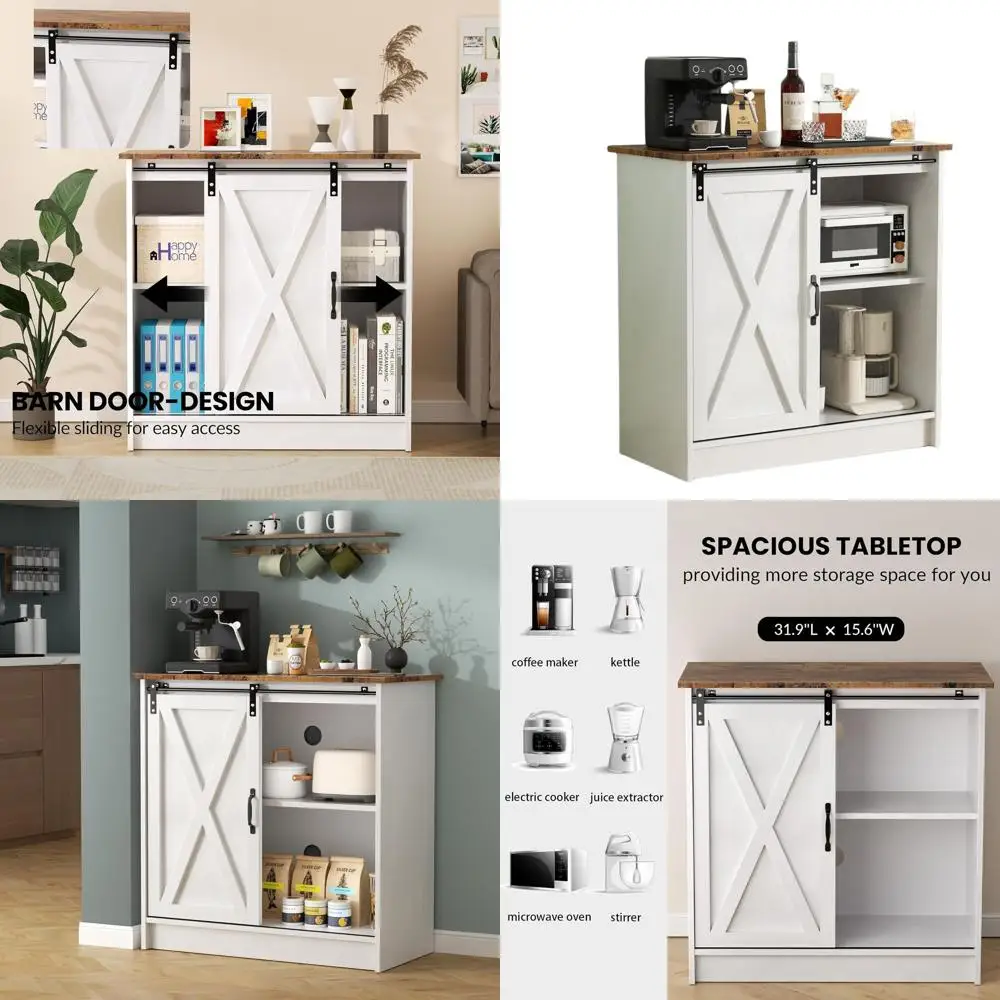 

Coffee Bar Cabinet with Sliding Barn Door, Ideal for Kitchen, Dining, and Living Spaces