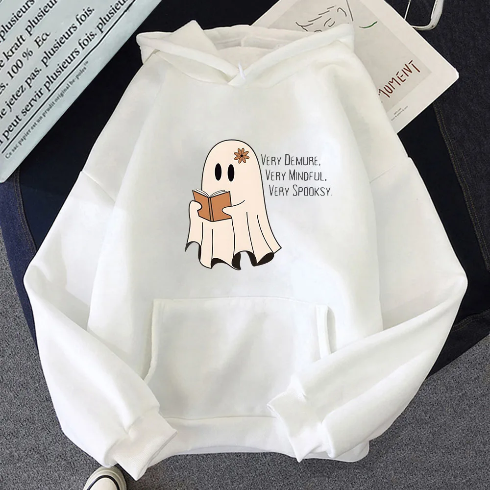 Cute Ghost with Book Hoodies Very Demure Very Mindful Sweatshirt Y2k Clothing Letter Print Sudaderas K Pop Streetwear Men Women